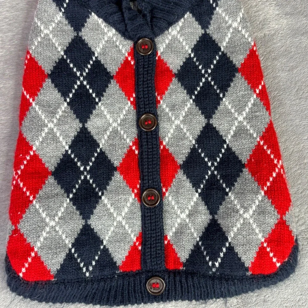 Argyle Pet Sweater Medium Red Grey Blue Button‎ Front Shawl Collar Dog Outfit